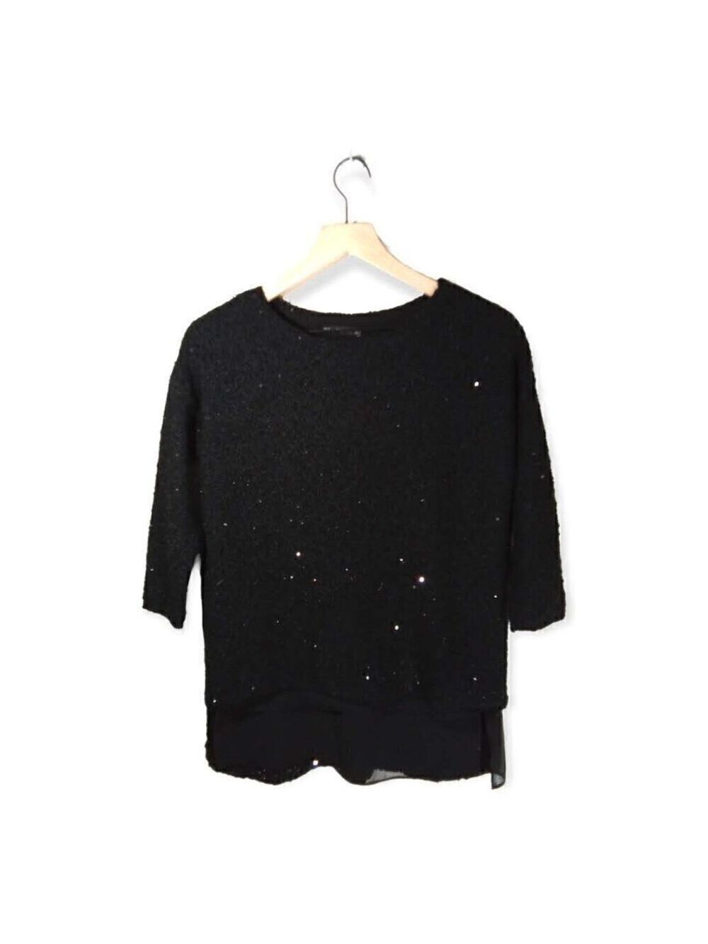 zara Knit Sequin with Chifon High Low Hem Black Sweater Size S